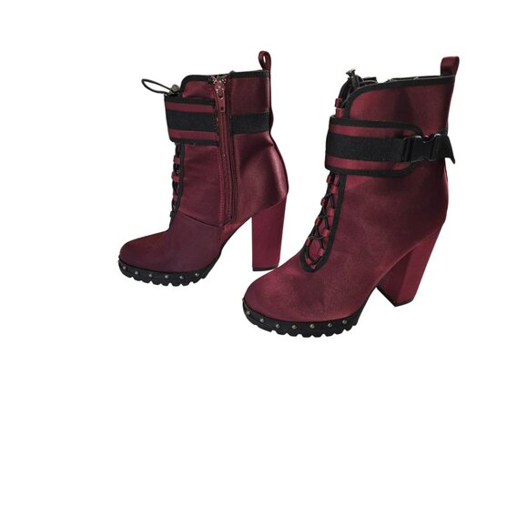 Burgundy Satin High-Heel Combat Boots Studded Soles Womens Size 7 - Picture 5 of 7